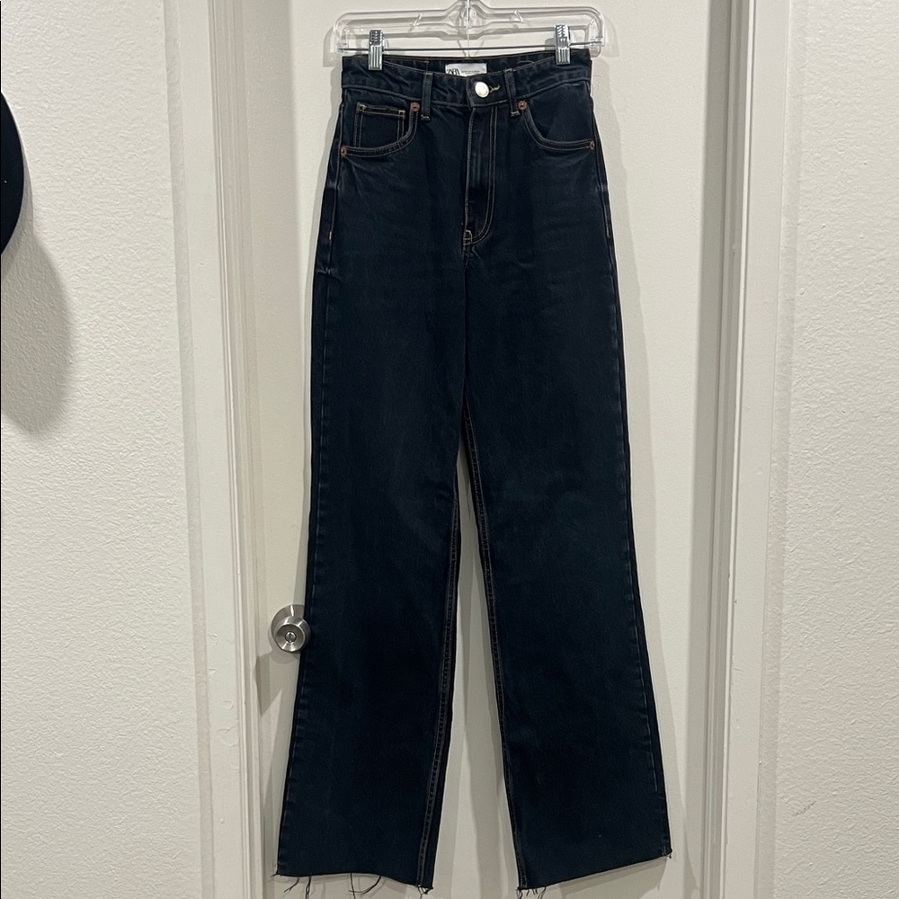 Zara High Rise Full Length Wide Leg Dark Blue Denim Jeans